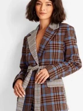 Future Collective Brown & Blue Plaid Blazer with Houndstooth Trim